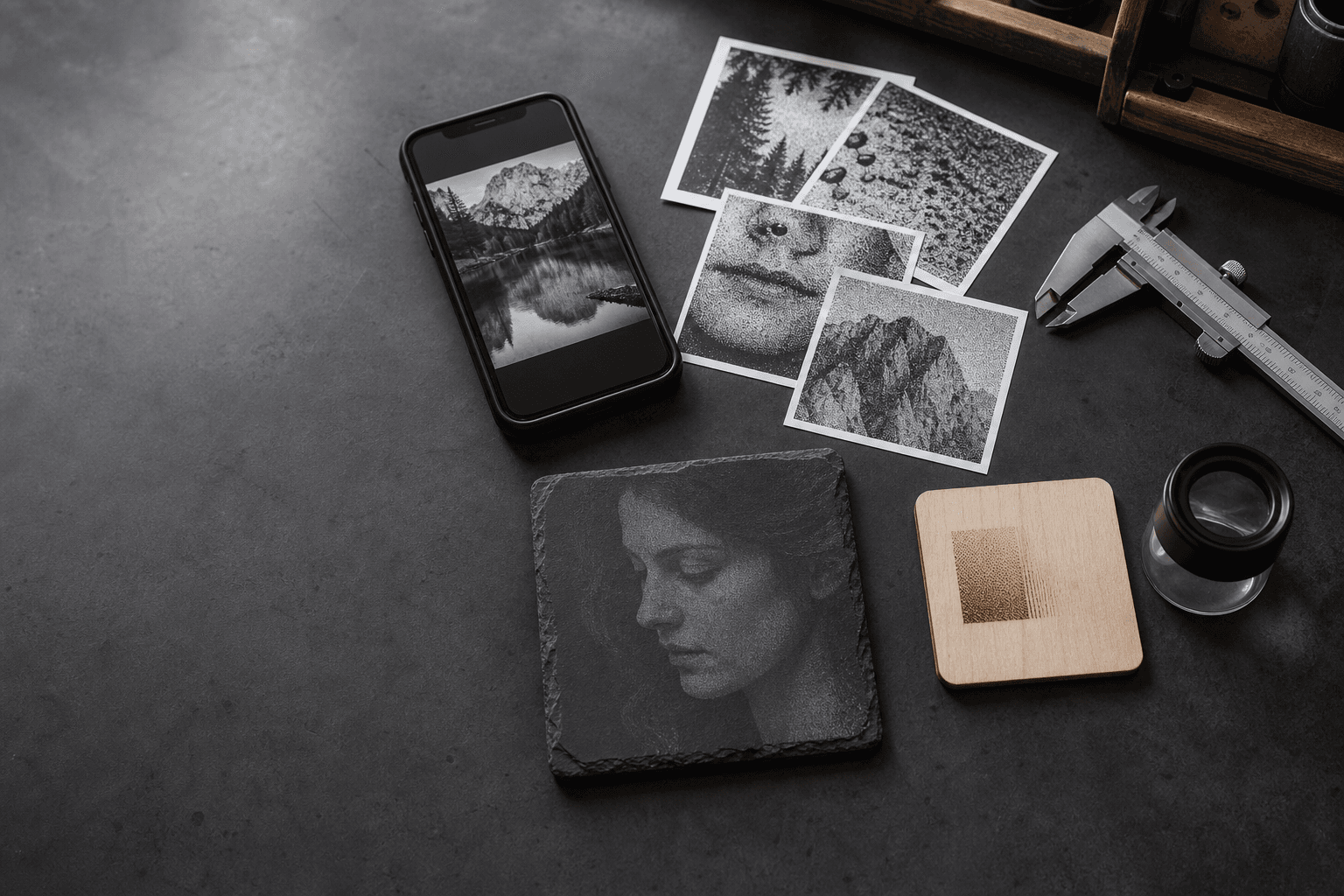 Phone, dither samples, calipers, magnifier, slate portrait, and wood test tile on a laser workshop bench