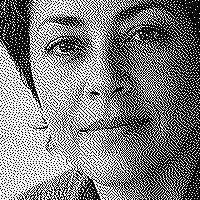 Stucki output of the same eye and cheek crop, using only black and white pixels